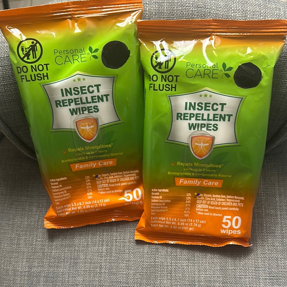 (2)Personal Care Insect Repellent Wipes - Orange and Green